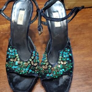 Prada Women's Black and Teal Embellished Heels